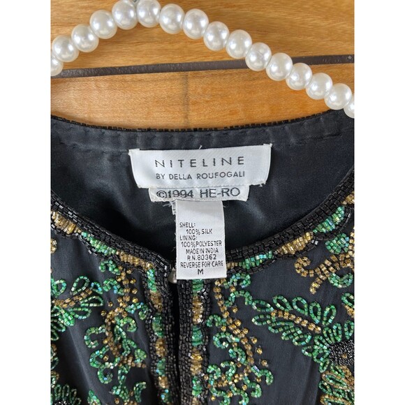 Niteline by Della Roufogali Vintage Silk Beaded Jacket sz M Black Green Brown - Picture 2 of 7